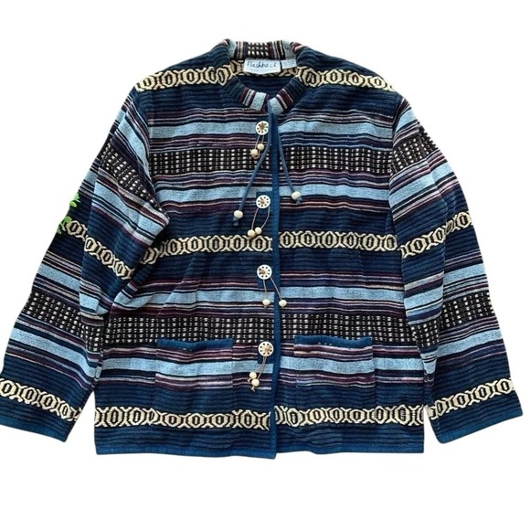 Flashback Southwest Tapestry Chenille Buttoned Jacket Navy Blue Beige Size Large - Picture 1 of 7